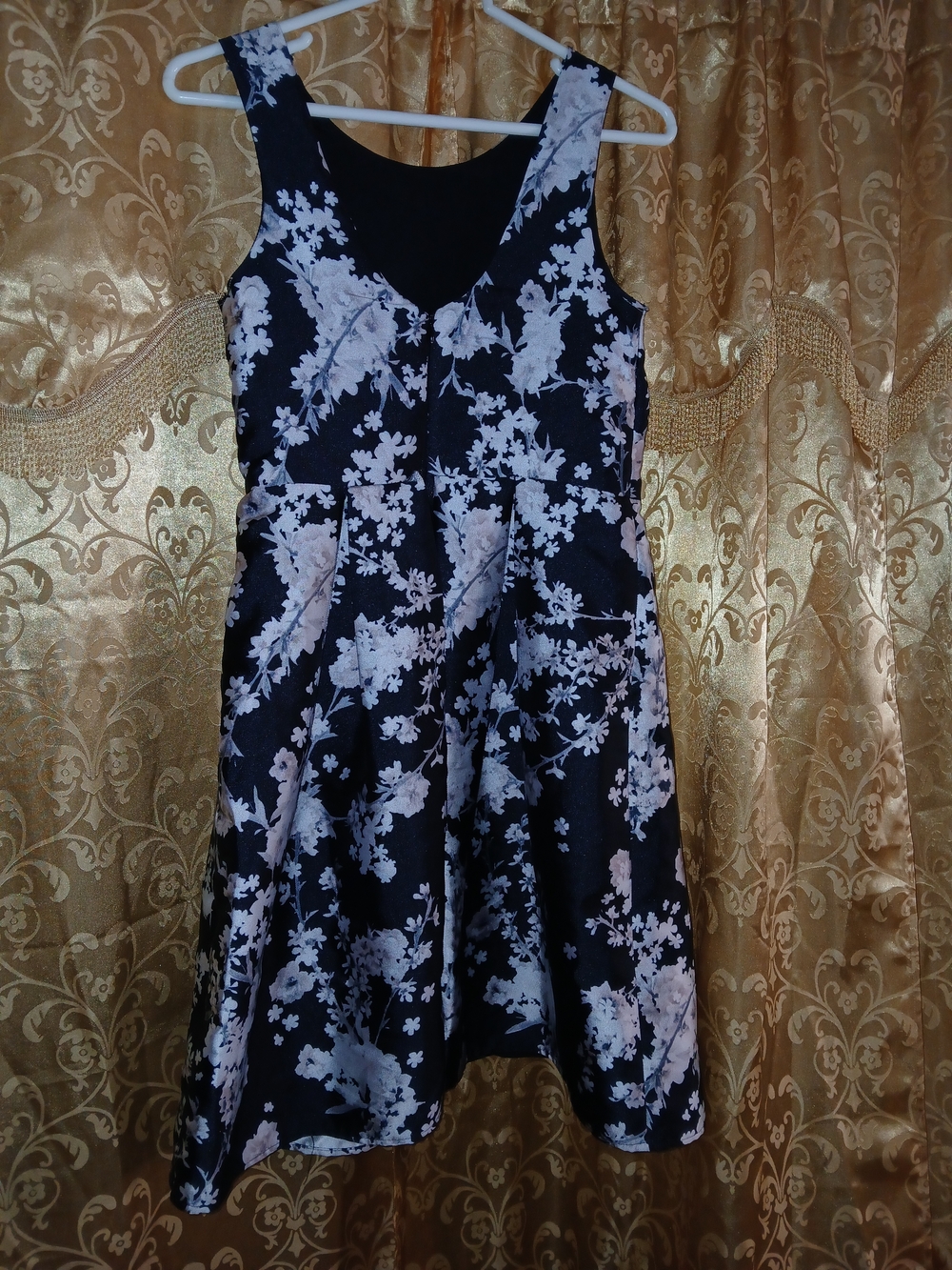 Black Floral Satin Dress with Cream Blossoms - Picture 4 of 9